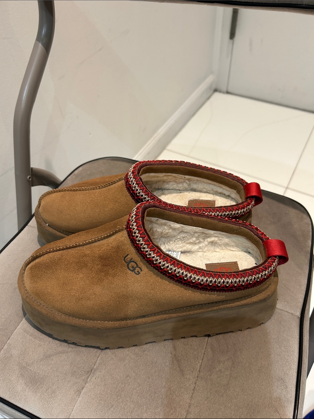 UGG Chestnut Suede Slip-On Clog with Red Trim